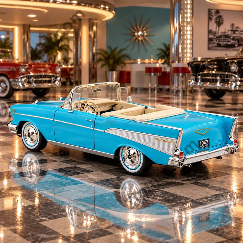 Rear view of turquoise 1957 Chevrolet Bel Air convertible diecast model with Bel Air plate