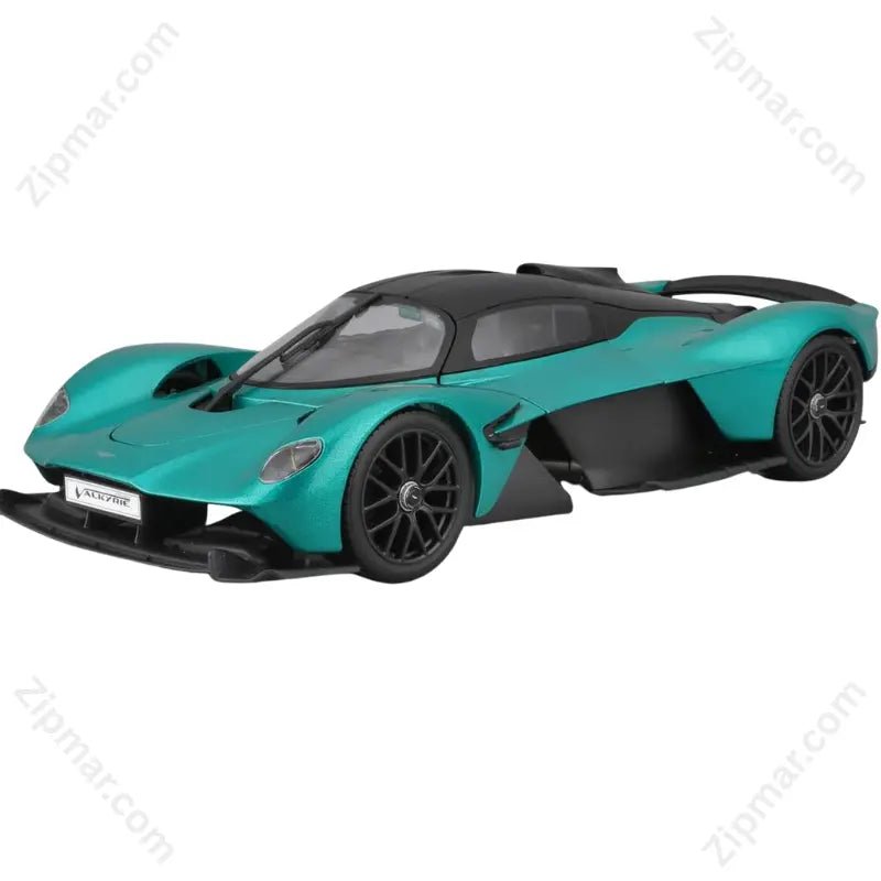 Front quarter view of metallic green Maisto 1:18 Aston Martin Valkyrie diecast car