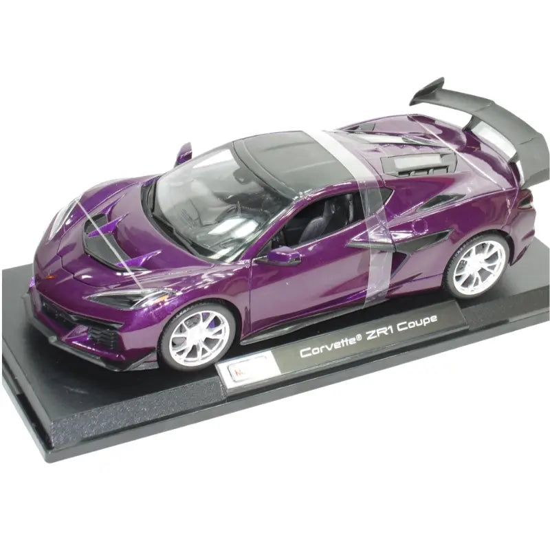 Front three-quarter angle view of 1:18 scale purple Chevy Corvette ZR1 Coupe diecast model