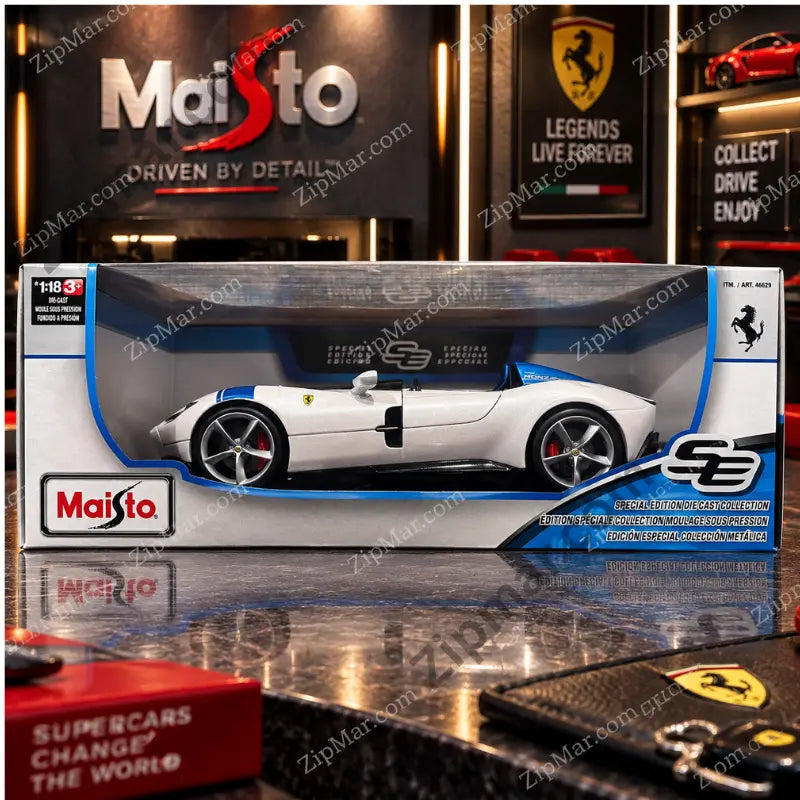 Maisto 1:18 Ferrari Monza SP1 diecast model box front with side view of the white car”