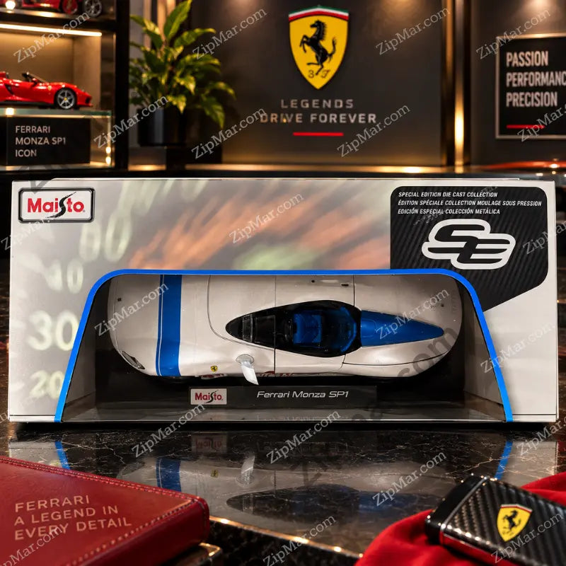 Maisto 1:18 Ferrari Monza SP1 diecast model in Special Edition box seen through the top window”