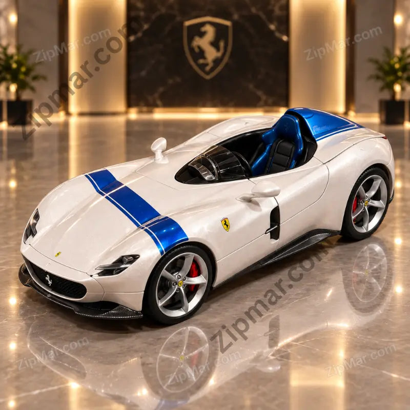 Maisto 1:18 Ferrari Monza SP1 diecast model white with blue stripe front three quarter view”