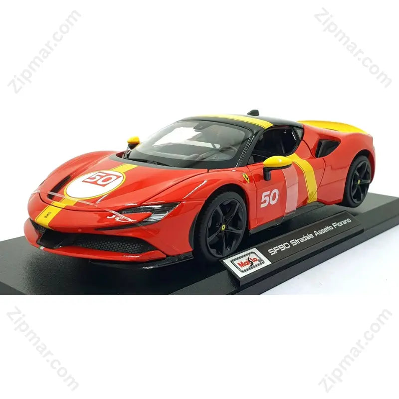 Maisto 1:18 Ferrari SF90 Stradale Assetto Fiorano diecast car in red with yellow livery