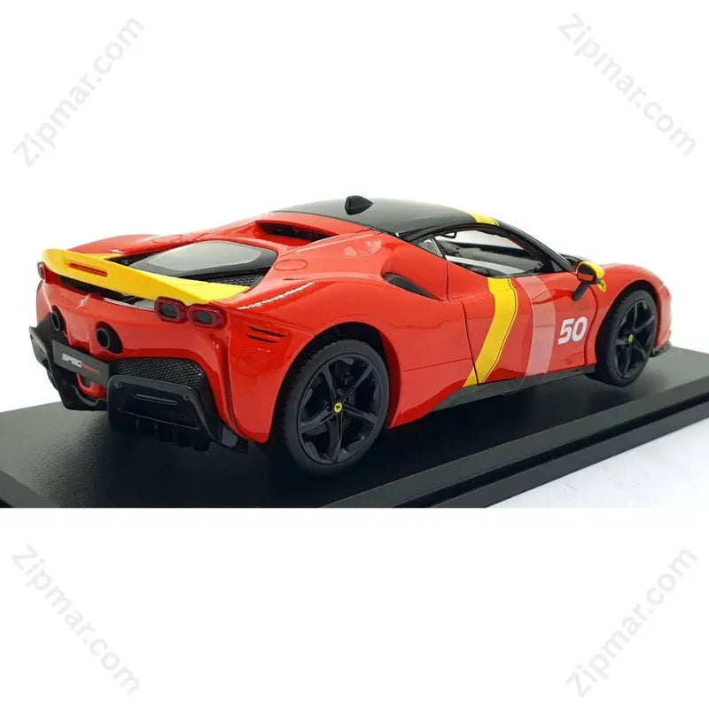 Rear quarter view of 1:18 scale Maisto Ferrari SF90 Stradale Assetto Fiorano