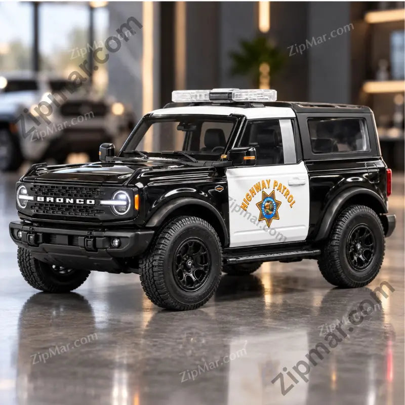 Black and white Maisto Ford Bronco Highway Patrol diecast model, front three quarter view with light bar