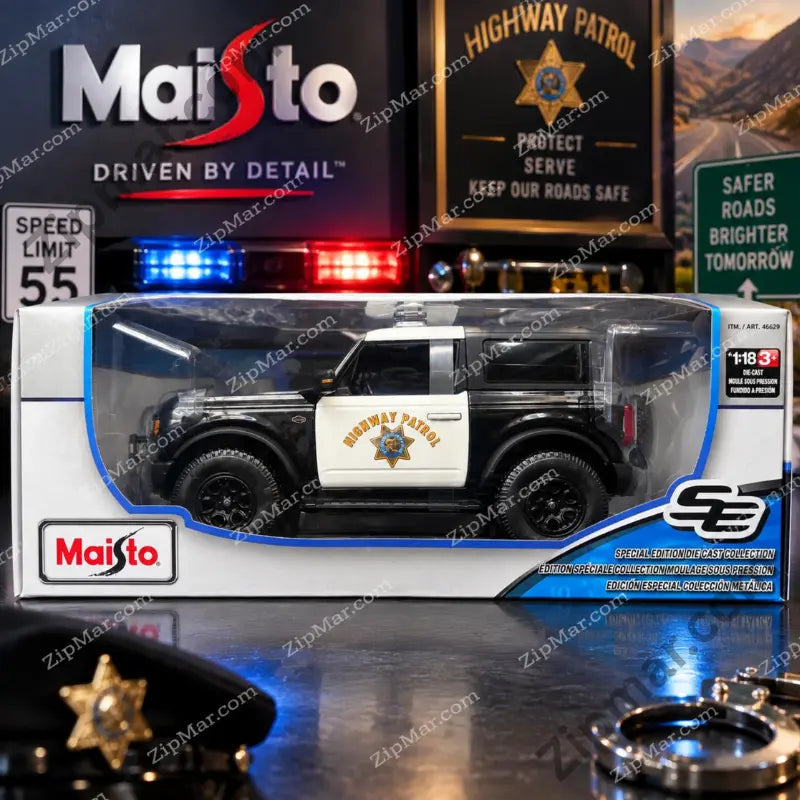 Maisto Special Edition 1:18 box with window showing black and white Ford Bronco Highway Patrol model, item 46629