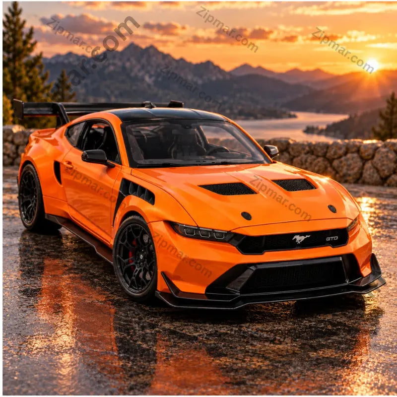 Front three quarter view of orange Maisto Ford Mustang GTD diecast model