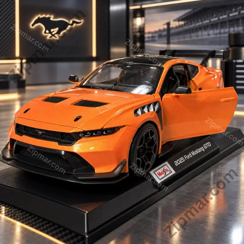 Maisto 1:18 Ford Mustang GTD diecast model in orange with door open on display base