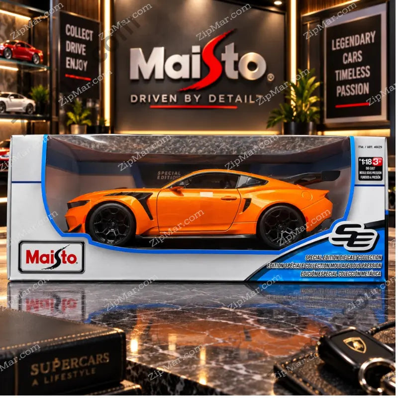 Maisto Special Edition 1:18 box with window showing orange Ford Mustang GTD model, item 46629
