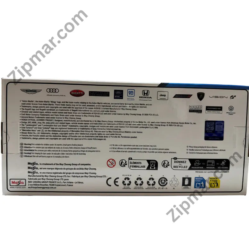 Maisto 1:18 Ford Thunderbird diecast model box back panel with licensor and age warning information