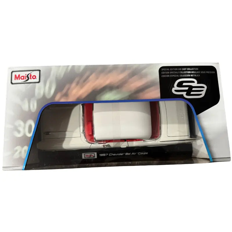 Maisto 1:18 1957 Chevrolet Bel Air Coupe diecast model sealed box top angle
