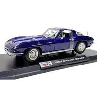 Thumbnail for Maisto 1:18 1965 Chevrolet Corvette diecast model side profile view on display base