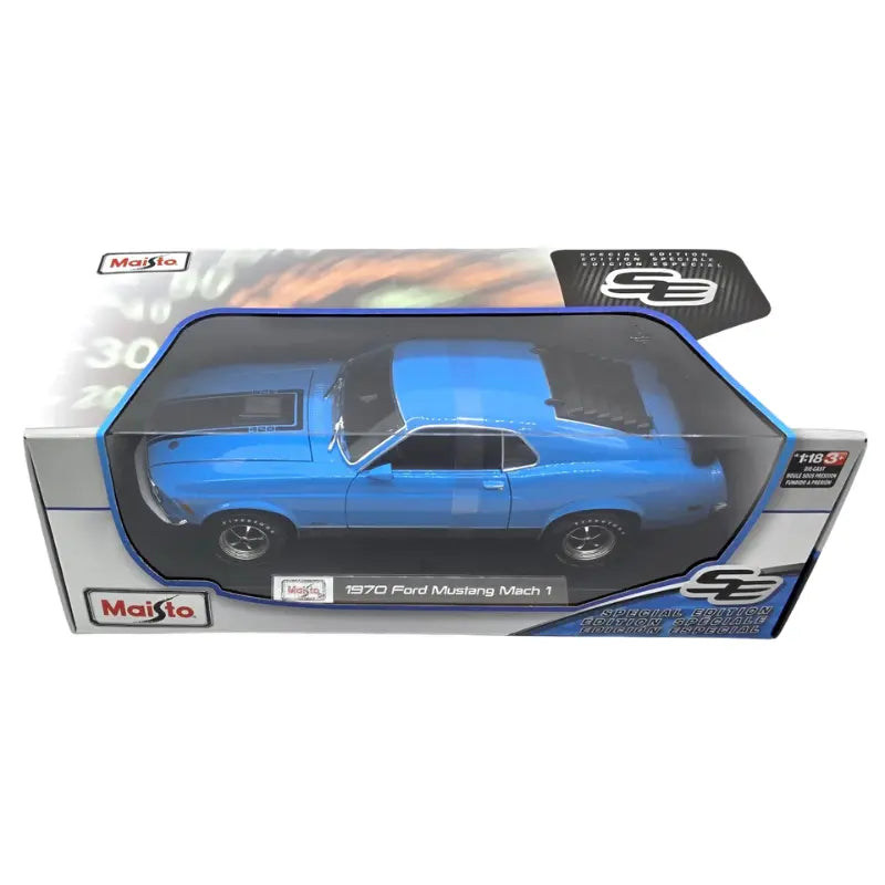 Maisto Special Edition 1970 Ford Mustang Mach 1 blue 1:18 diecast box angle view