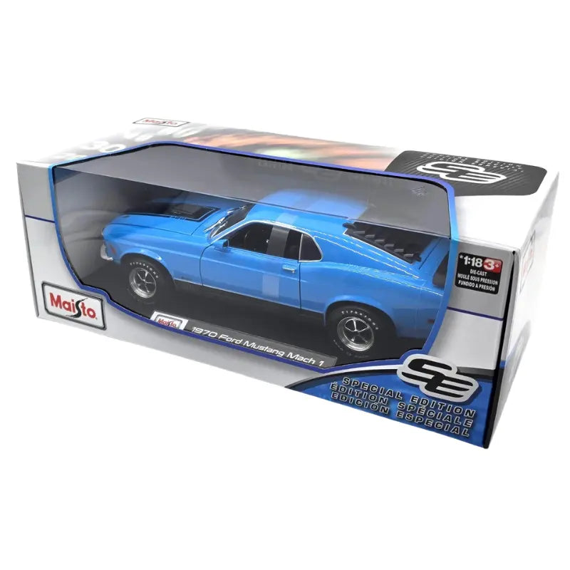 Maisto Special Edition 1970 Ford Mustang Mach 1 blue 1:18 diecast box corner view