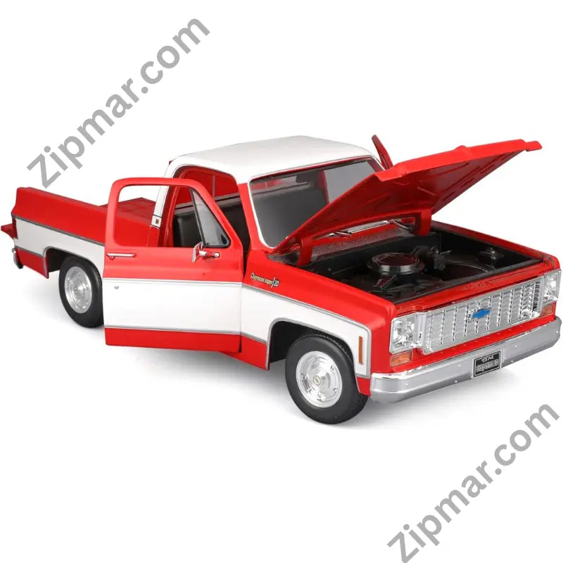 Maisto 1:18 1974 Chevrolet C10 Cheyenne Super diecast model with open hood showing engine and open door”