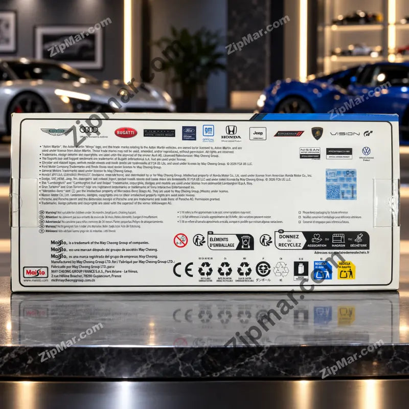 Back of Maisto Special Edition box with licensing text, safety warnings and recycling symbols