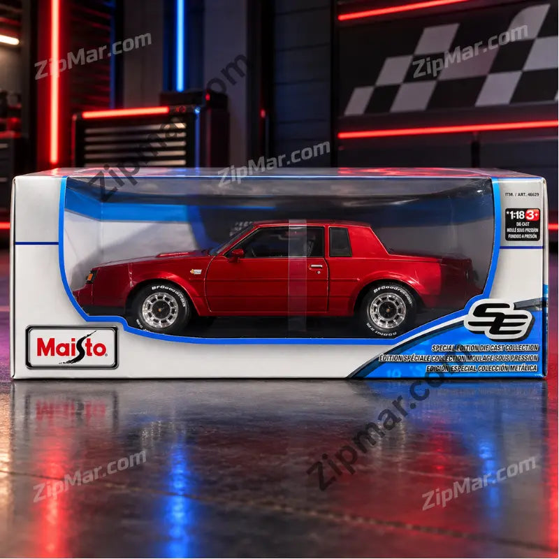 Red Maisto 1987 Buick Grand National 1:18 diecast in Special Edition window box, side view