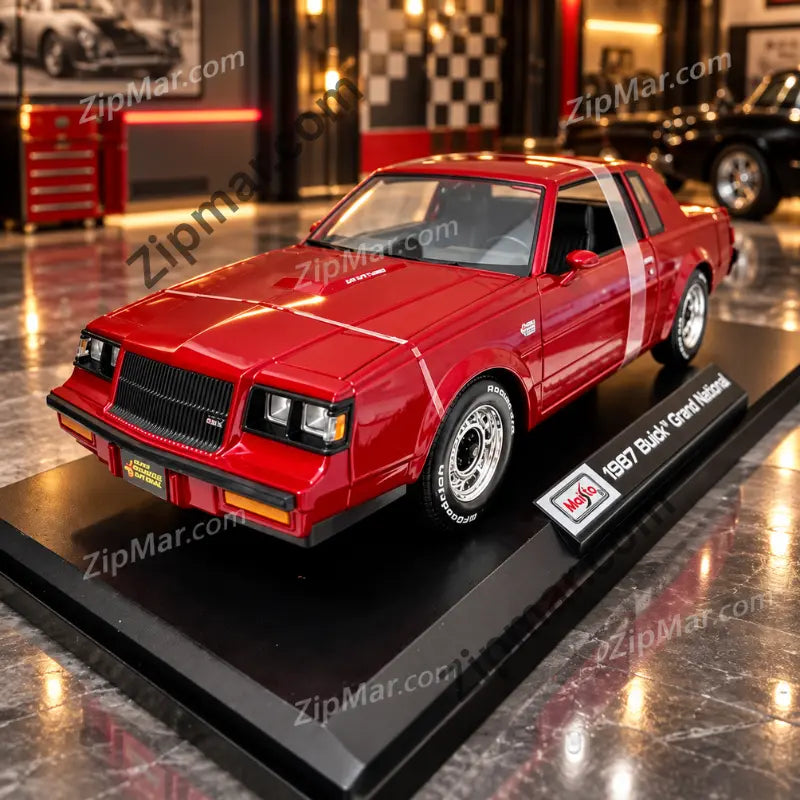 Front three quarter view of red Maisto 1987 Buick Grand National 1:18 diecast with display base nameplate