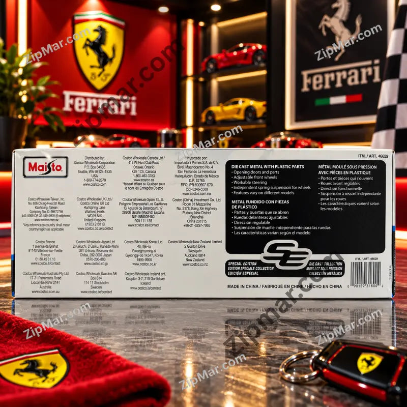 Back of Maisto Ferrari FXX K Evo box showing features list, barcode and Made in China label