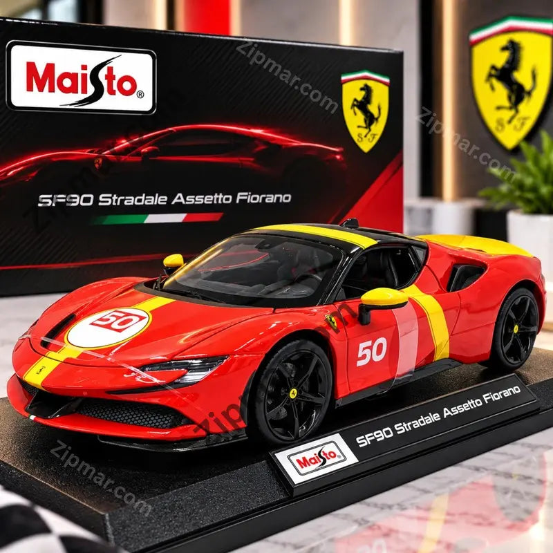 Maisto Ferrari SF90 Stradale Assetto Fiorano diecast model car in red with yellow stripes and number 50 on a black display base, in front of its collector box
