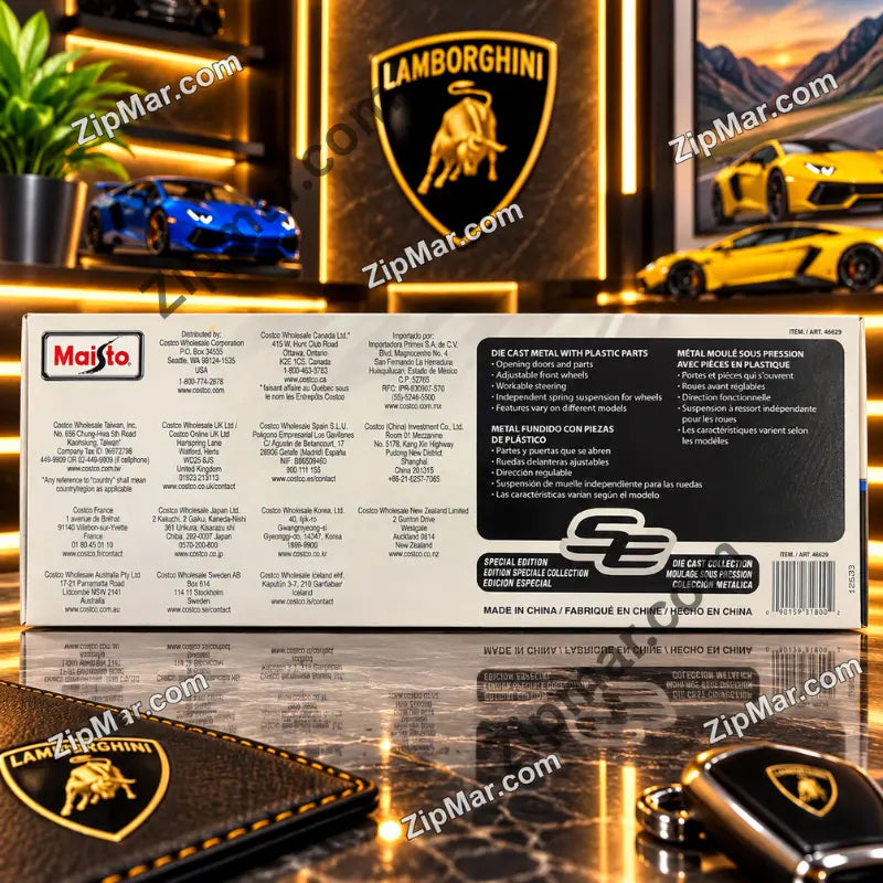 Back of Maisto Lamborghini Lambo V12 Vision Gran Turismo box with features list, barcode and Made in China label