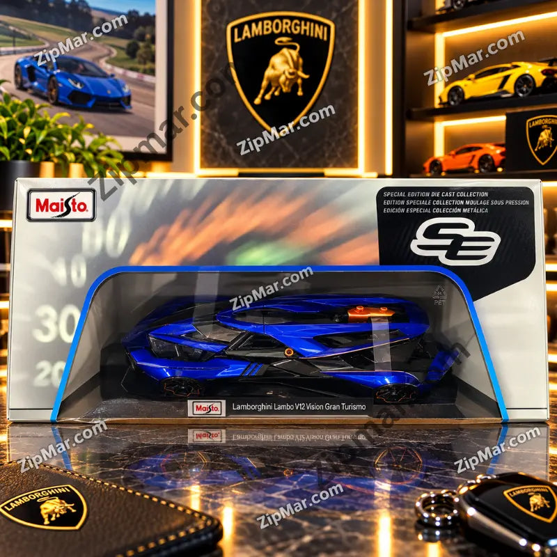 Maisto Special Edition window box showing blue Lamborghini Lambo V12 Vision Gran Turismo with nameplate