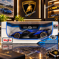 Thumbnail for Blue Maisto Lamborghini Lambo V12 Vision Gran Turismo 1:18 diecast in window box, side view with number 63