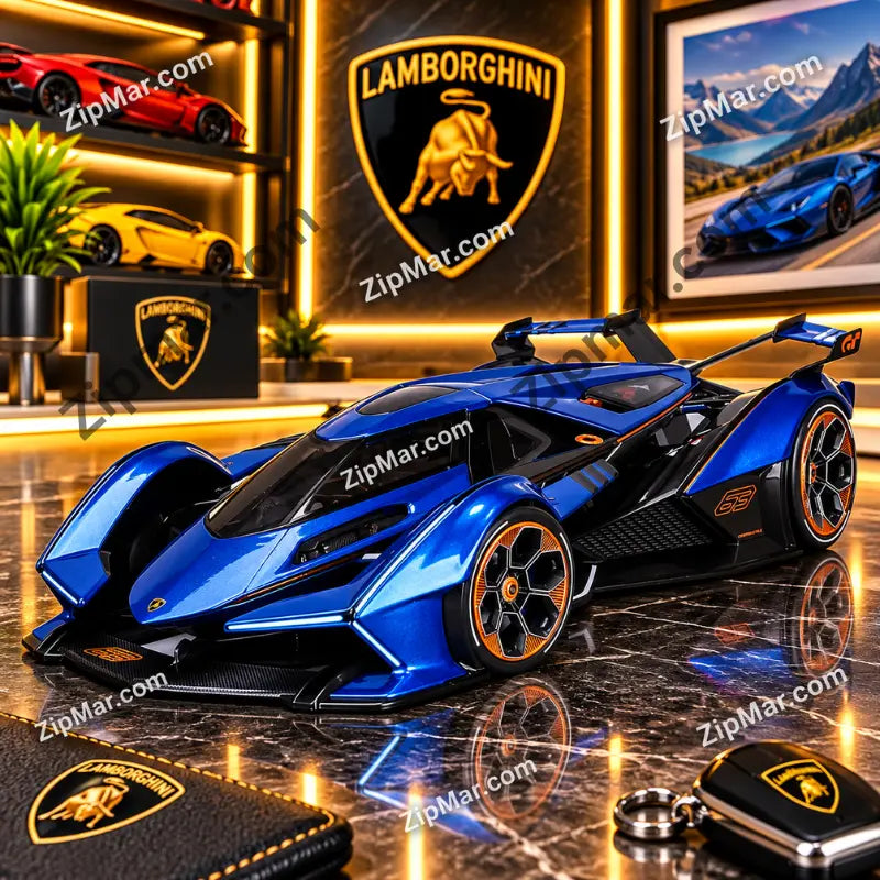 Front three quarter view of blue Maisto Lamborghini Lambo V12 Vision Gran Turismo 1:18 diecast with orange wheels