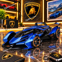 Thumbnail for Front three quarter view of blue Maisto Lamborghini Lambo V12 Vision Gran Turismo 1:18 diecast with orange wheels