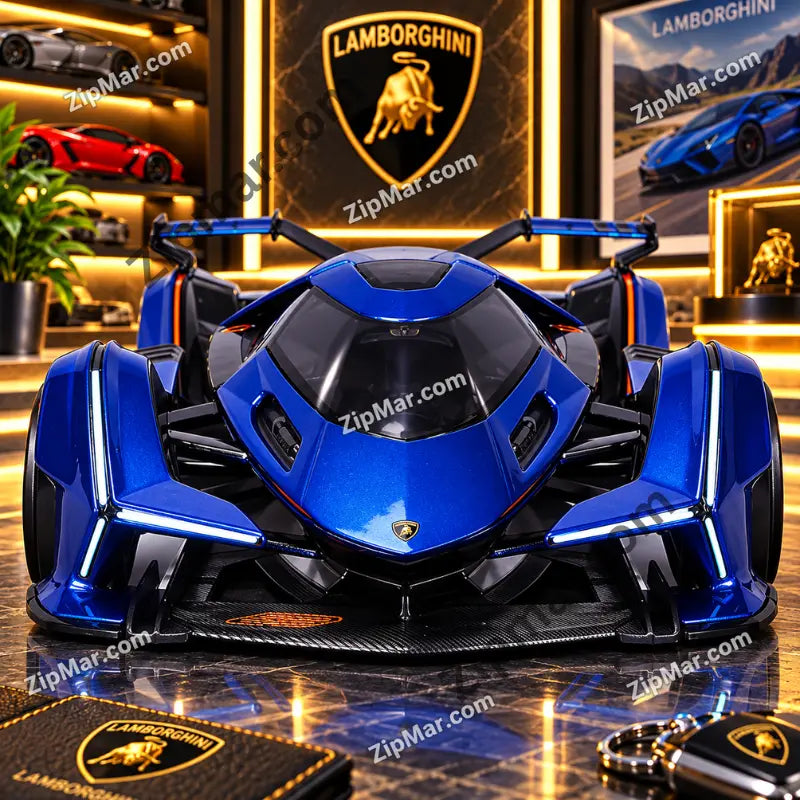 Front view of blue Maisto Lamborghini Lambo V12 Vision Gran Turismo 1:18 diecast with rear wing