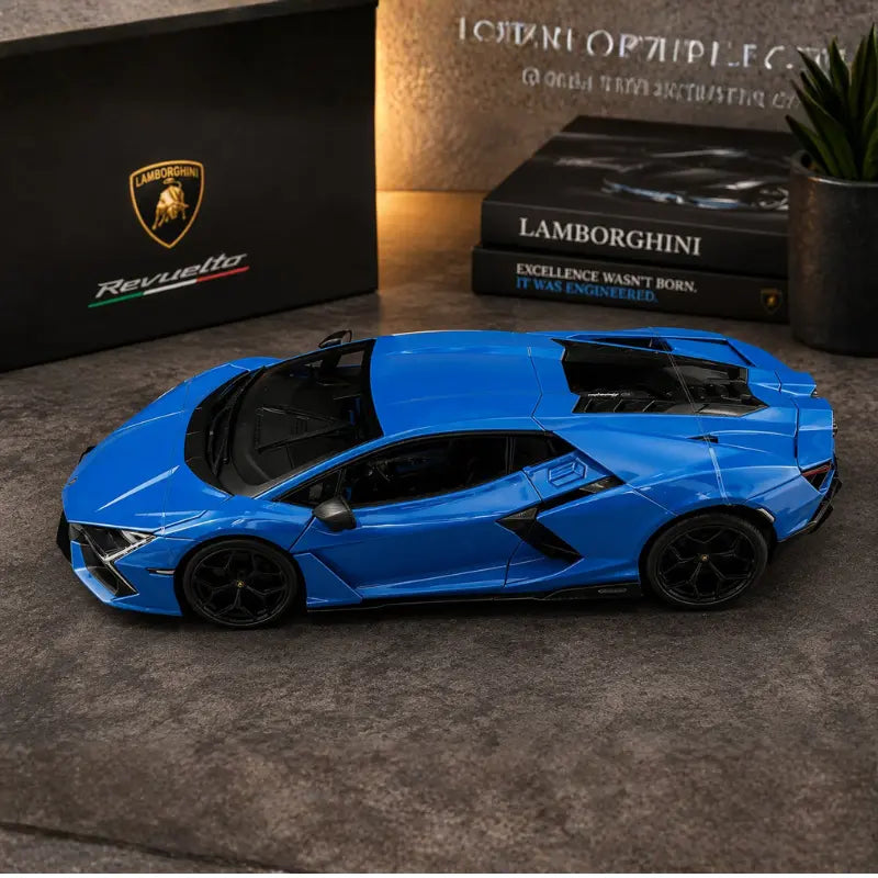 Maisto 1:18 Lamborghini Revuelto diecast model lifestyle display with branding