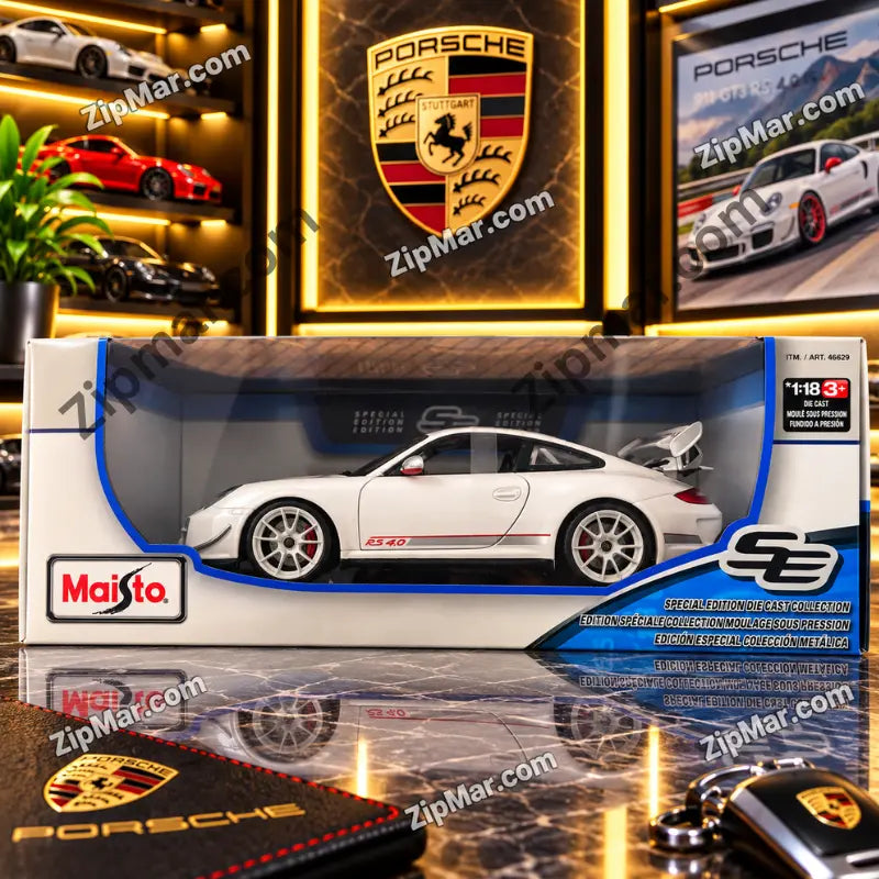 White Maisto Porsche 911 GT3 RS 4.0 1:18 diecast in Special Edition window box, side view