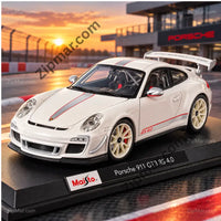 Thumbnail for Front three quarter view of white Maisto Porsche 911 GT3 RS 4.0 1:18 diecast with nameplate