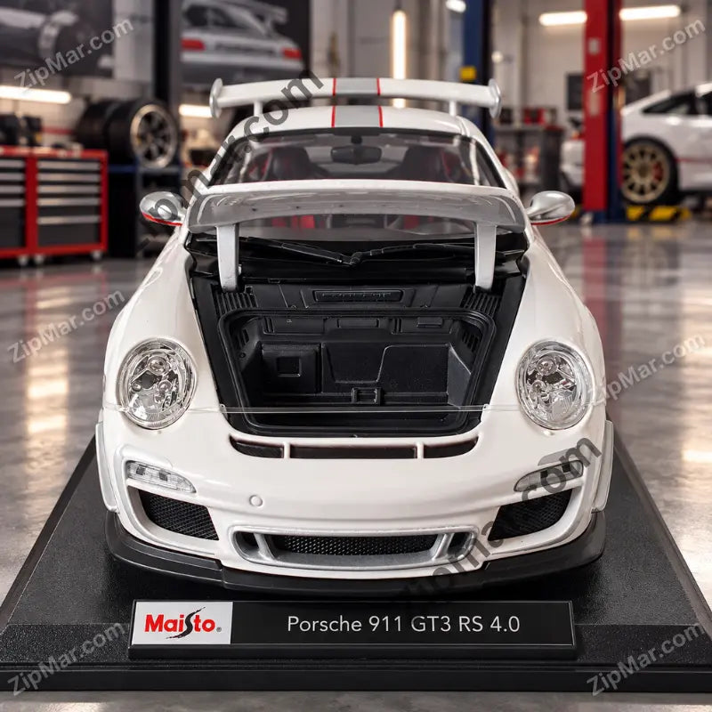 Front view of white Maisto Porsche 911 GT3 RS 4.0 1:18 diecast with front hood open