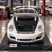 Thumbnail for Front view of white Maisto Porsche 911 GT3 RS 4.0 1:18 diecast with front hood open