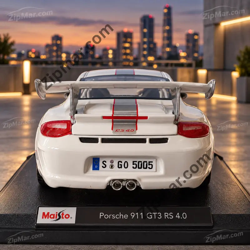 Rear view of white Maisto Porsche 911 GT3 RS 4.0 1:18 diecast with large rear wing and RS 4.0 decal