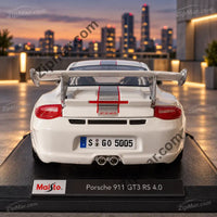 Thumbnail for Rear view of white Maisto Porsche 911 GT3 RS 4.0 1:18 diecast with large rear wing and RS 4.0 decal