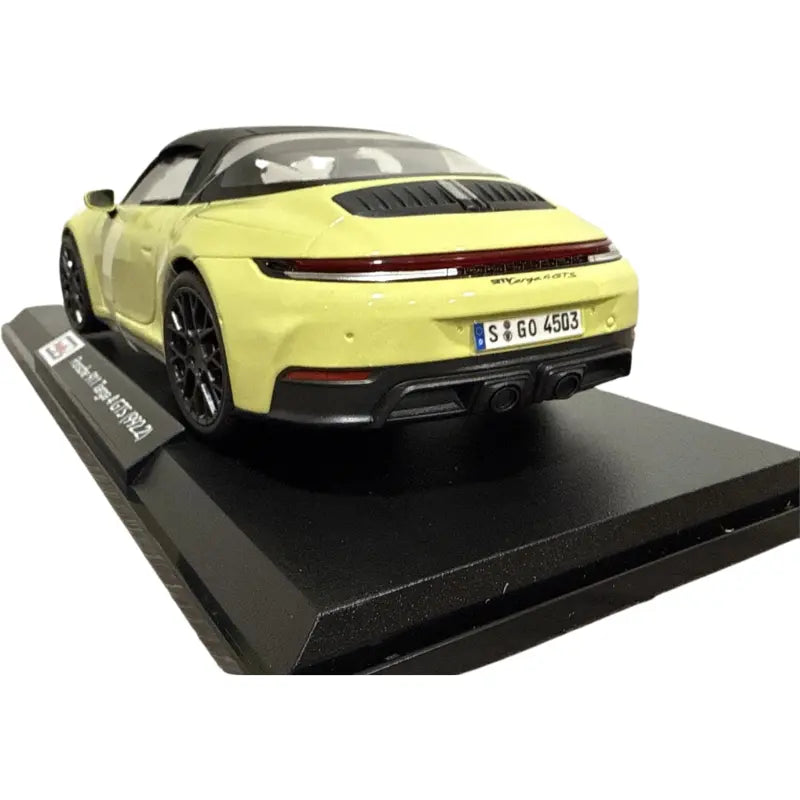Maisto Porsche 911 Targa 4 GTS yellow diecast 1:18 rear view on display stand