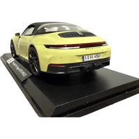 Thumbnail for Maisto Porsche 911 Targa 4 GTS yellow diecast 1:18 rear view on display stand