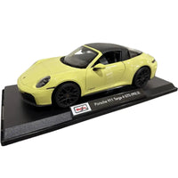 Thumbnail for Maisto Porsche 911 Targa 4 GTS yellow diecast 1:18 three quarter view on display stand
