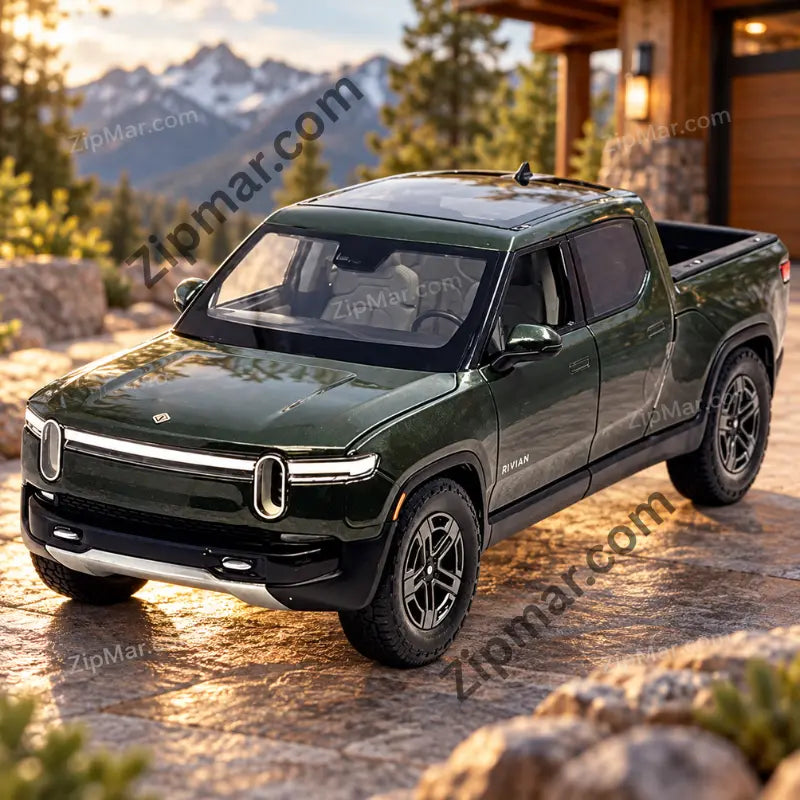 Front three quarter view of green Maisto Rivian R1T 1:20 diecast with light bar and rugged tires