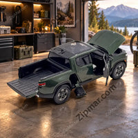 Thumbnail for Rear three quarter view of green Maisto Rivian R1T 1:20 diecast with tailgate and door open