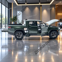 Thumbnail for Side view of green Maisto Rivian R1T 1:20 diecast pickup with door, hood and tailgate open