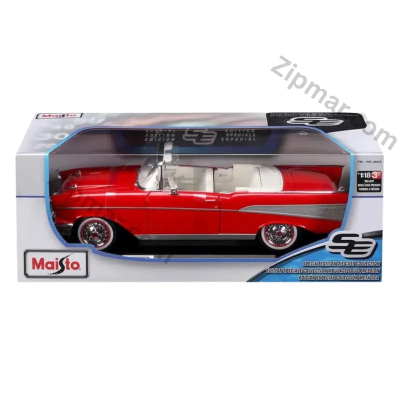 Maisto Special Edition 1957 Chevrolet Bel Air Convertible 1:18 red diecast in the original window box, front view