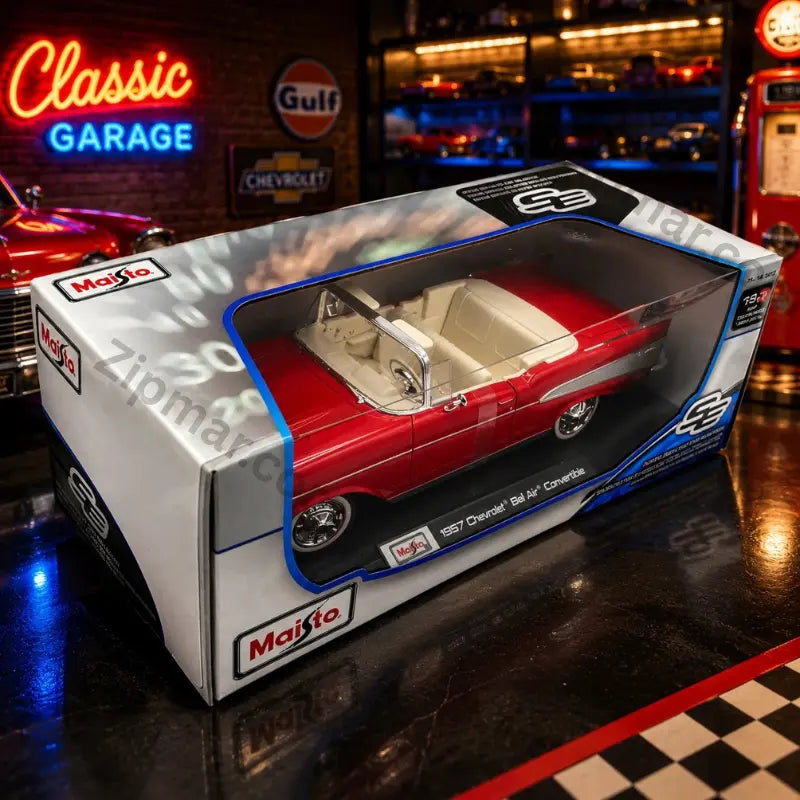 Maisto Special Edition 1957 Chevrolet Bel Air Convertible 1:18 red diecast in its box on a display shelf
