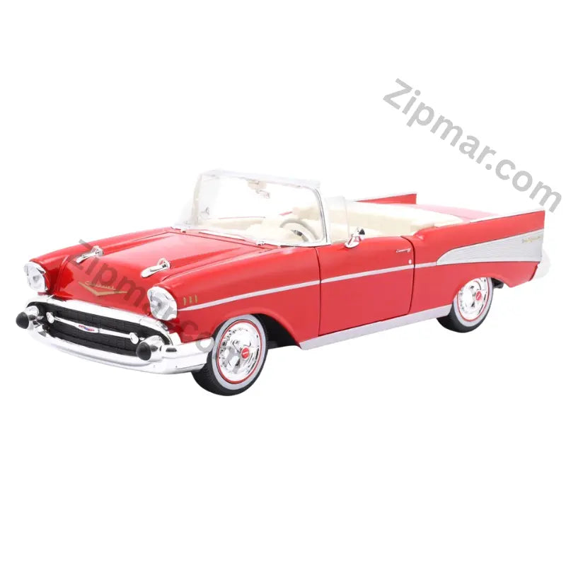 Maisto 1957 Chevrolet Bel Air Convertible 1:18 red diecast model, front three quarter view with chrome grille and cream interior