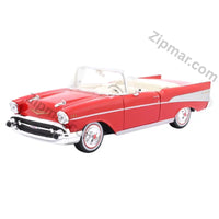 Thumbnail for Maisto 1957 Chevrolet Bel Air Convertible 1:18 red diecast model, front three quarter view with chrome grille and cream interior
