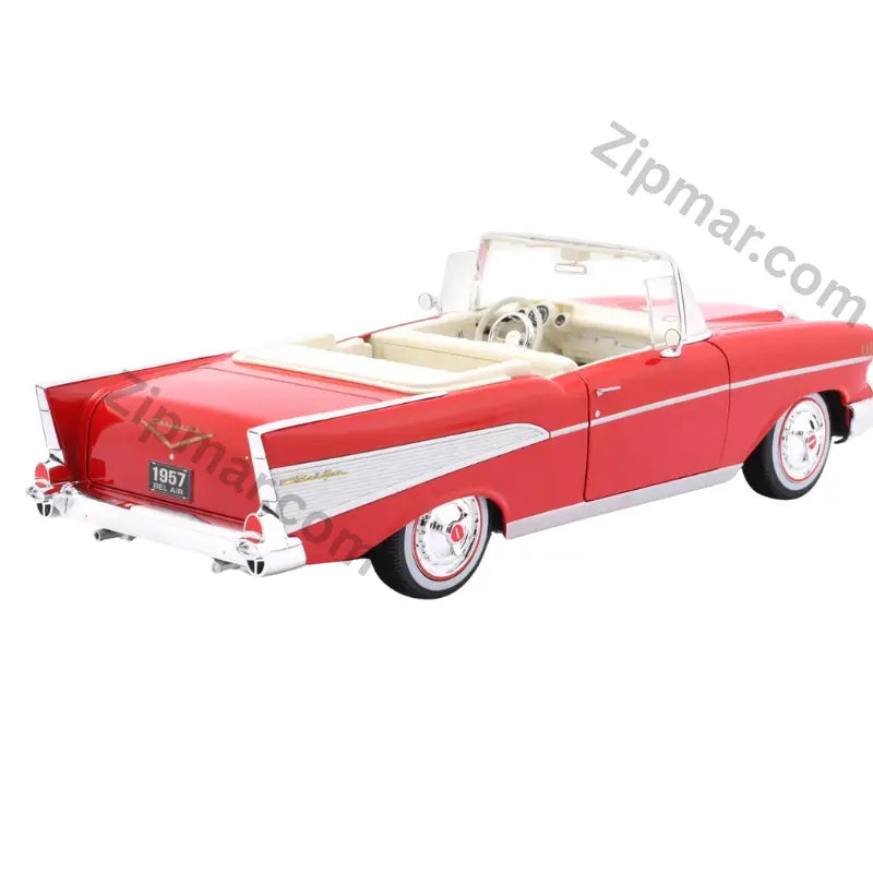 Maisto 1957 Chevrolet Bel Air Convertible 1:18 red diecast model, rear three quarter view with chrome bumper and Bel Air plate
