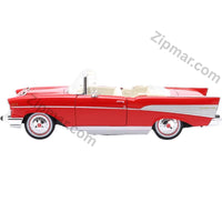 Thumbnail for Maisto 1957 Chevrolet Bel Air Convertible 1:18 red diecast model, side view with silver side sweep and white wall tires