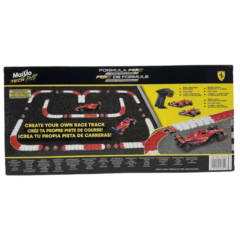 Back packaging view of Maisto Tech R/C track set highlighting the 48-piece modular race track layout and controller features